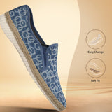 Blue casual slip-on shoes by bugatti, featuring a repeating pattern and braided jute trim.