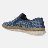 Blue denim slip-on shoe by Bugatti with a geometric pattern, jute midsole, and white ridged sole.