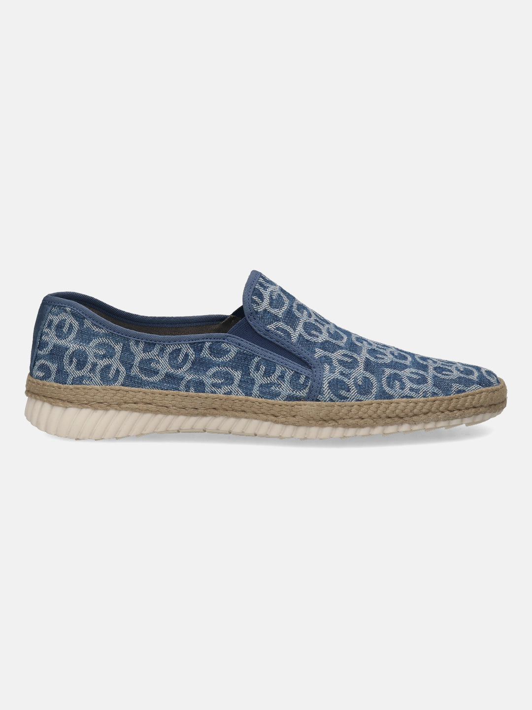 Blue slip-on shoe by bugatti with a textured rope trim and all-over logo pattern.