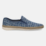 Blue slip-on shoe by bugatti with a textured rope trim and all-over logo pattern.