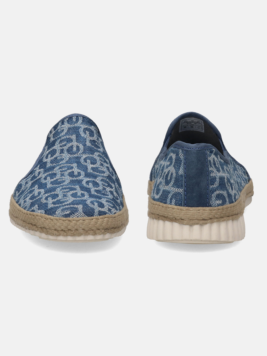 Blue denim slip-on shoes by bugatti, with a circular pattern, jute trim, and ridged white soles.