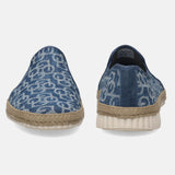 Blue denim slip-on shoes by bugatti, with a circular pattern, jute trim, and ridged white soles.