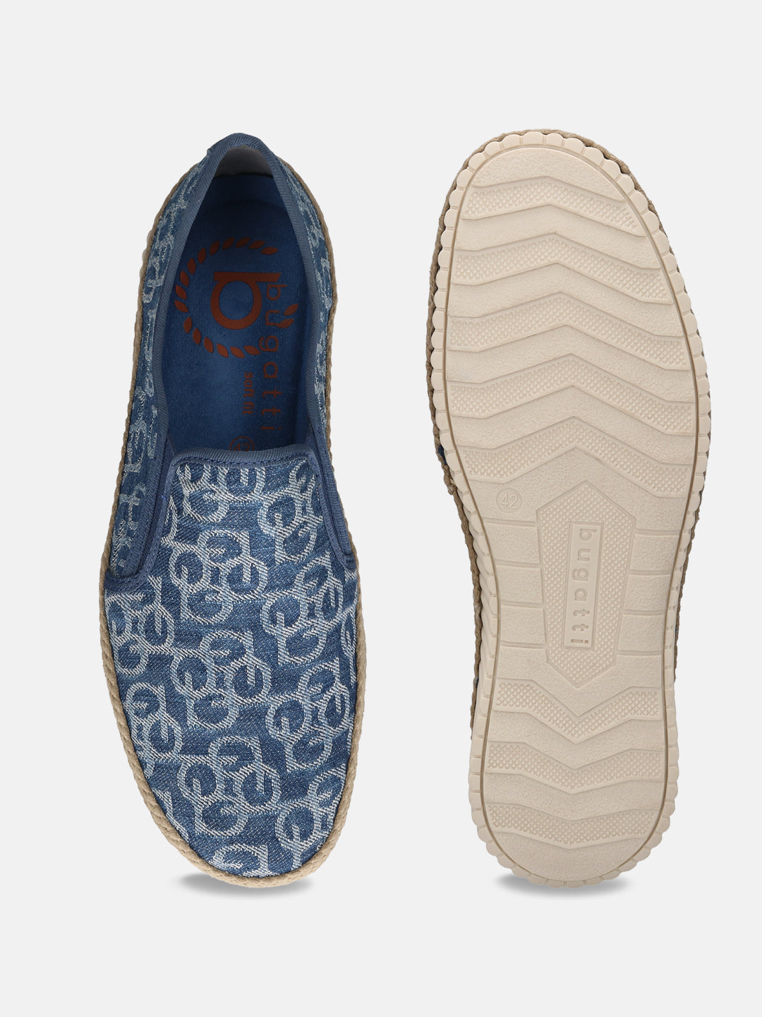 Blue canvas slip-on shoes by bugatti with a circular logo pattern and rope trim detailing.