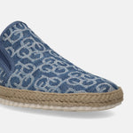 Blue slip-on shoe by bugatti, with a patterned denim upper and woven midsole.