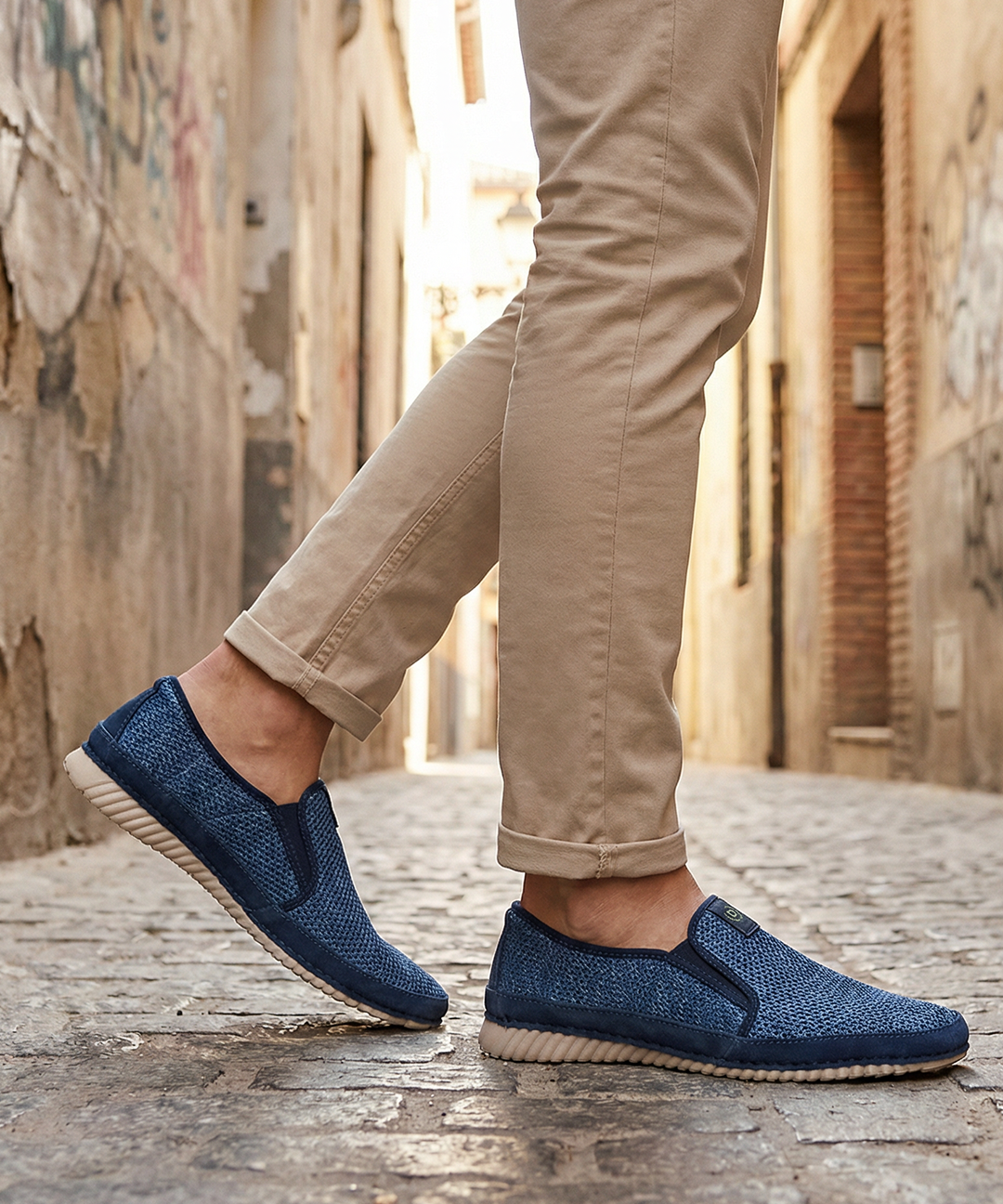Lifestyle image of bugatti Colville blue casual slip-on shoe with a knit texture and beige sole.
