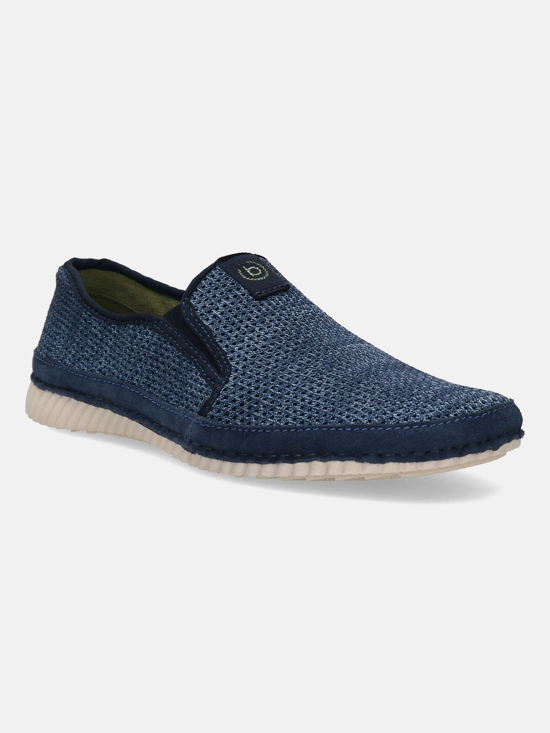 Blue casual slip-on shoes by bugatti with a mesh texture and dark blue suede accents.
