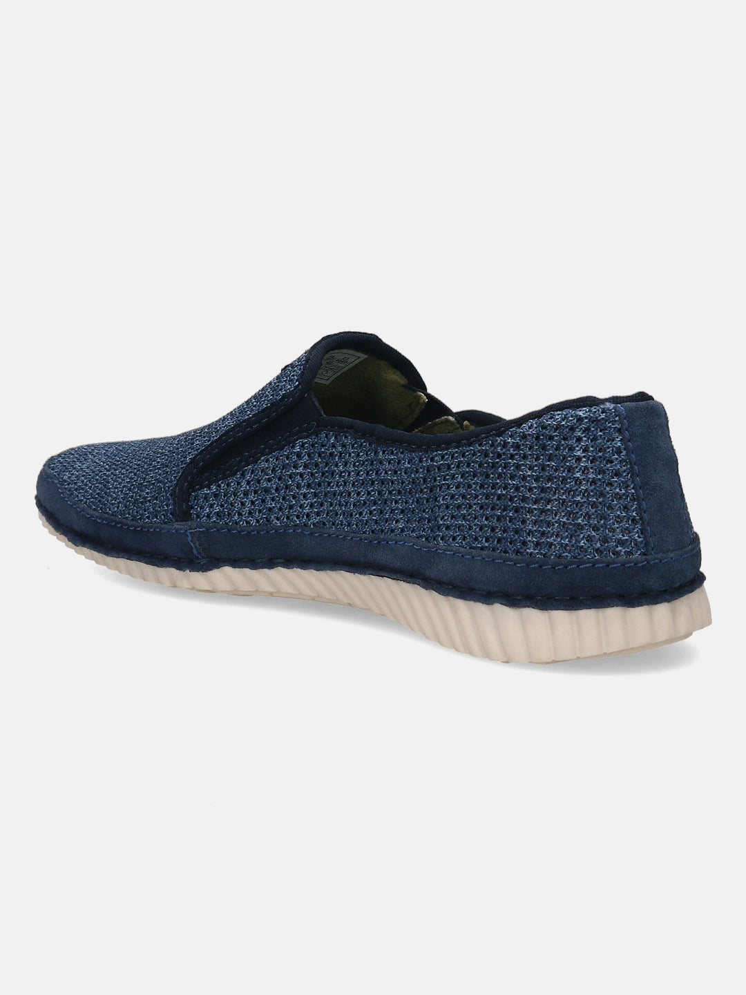 Blue casual slip-on shoe by Bugatti, with a mesh texture and a contrasting white sole.