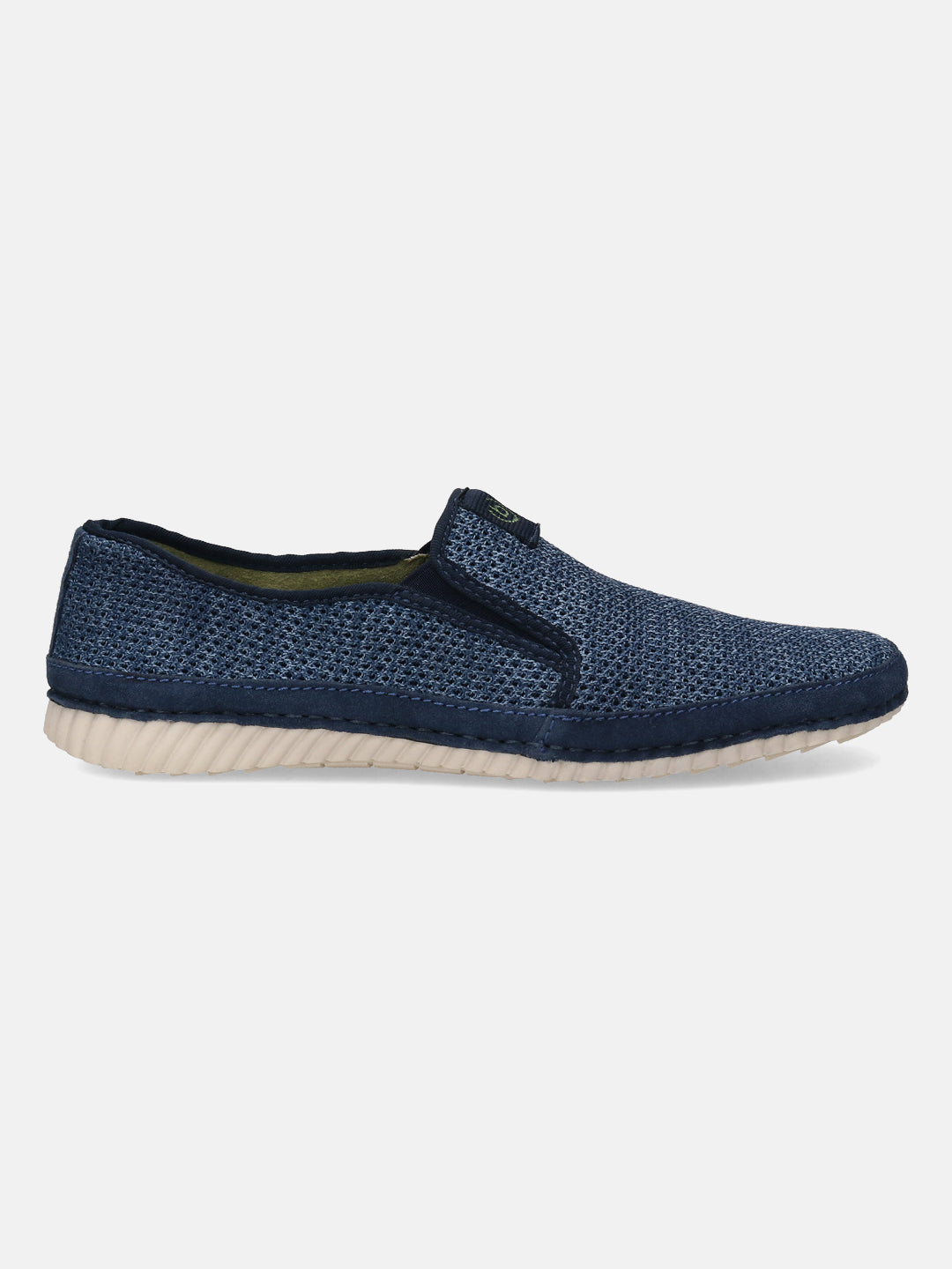 Blue slip-on shoe by Bugatti, featuring a mesh upper and a light-colored sole, shown in a side view.