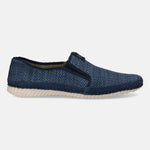 Blue slip-on shoe by Bugatti, featuring a mesh upper and a light-colored sole, shown in a side view.