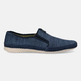 Blue slip-on shoe by Bugatti, featuring a mesh upper and a light-colored sole, shown in a side view.