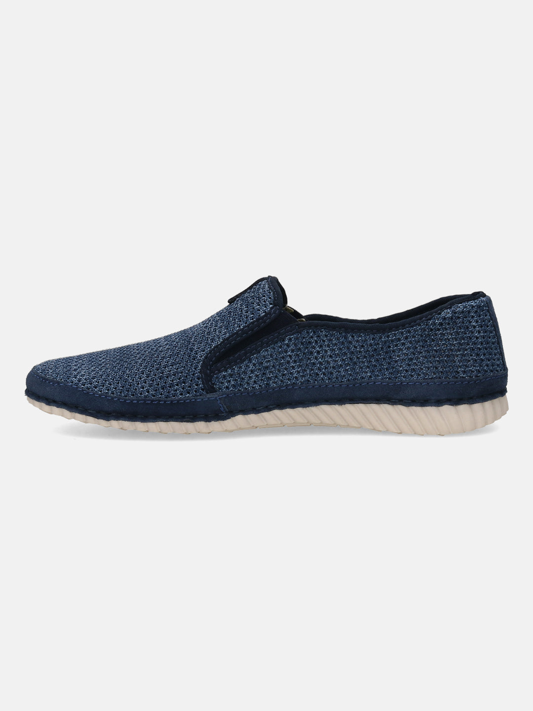 Blue slip-on shoe by bugatti with a textured surface and dark trim, shown in a side view.
