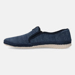 Blue slip-on shoe by bugatti with a textured surface and dark trim, shown in a side view.
