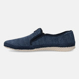 Blue slip-on shoe by bugatti with a textured surface and dark trim, shown in a side view.
