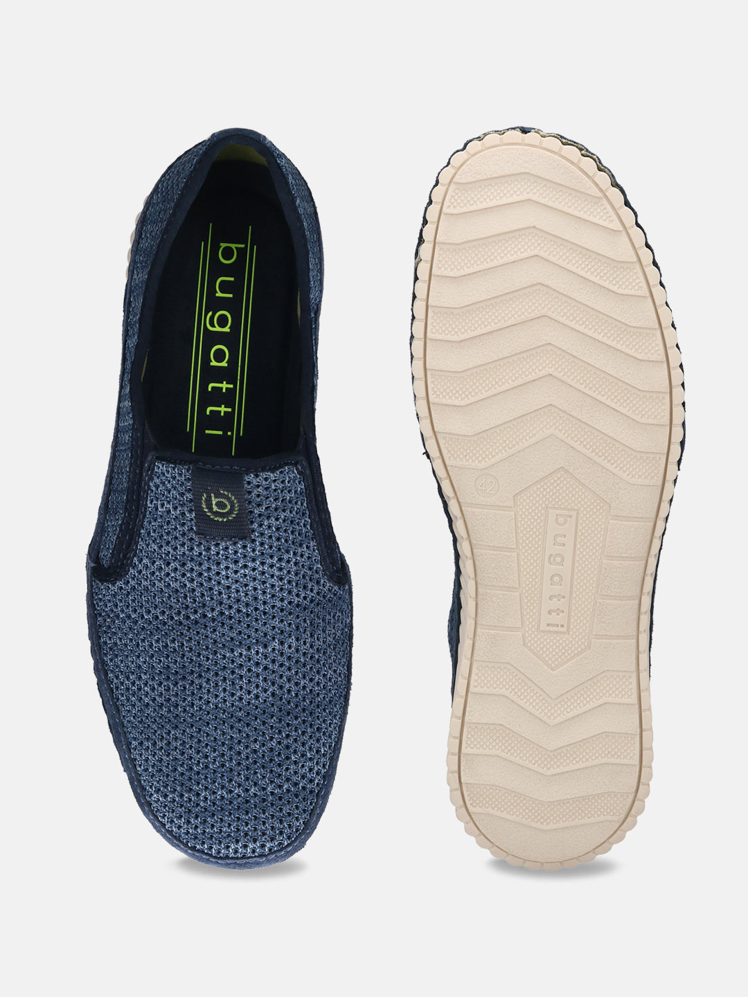 Blue textile slip-on shoe by bugatti with textured sole, shown with the sole facing up.