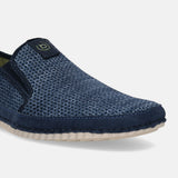 Blue comfort slip-on shoes by bugatti featuring a patterned mesh texture and a contrasting navy trim.