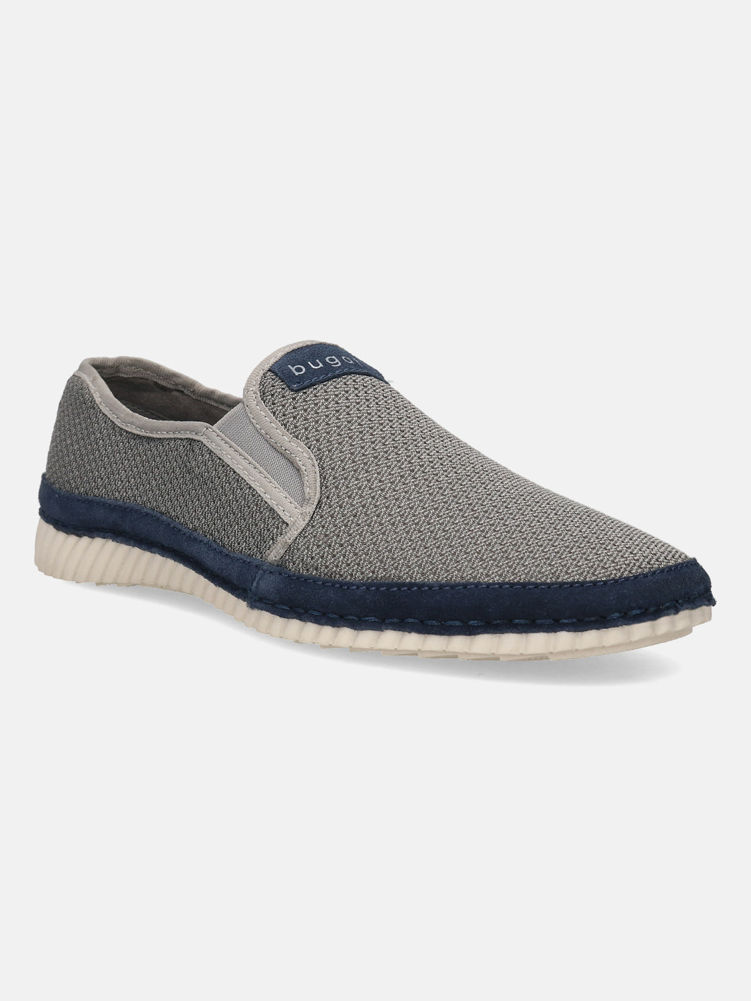 Light grey casual slip-on shoes by bugatti with a textured finish and dark blue accent trim.