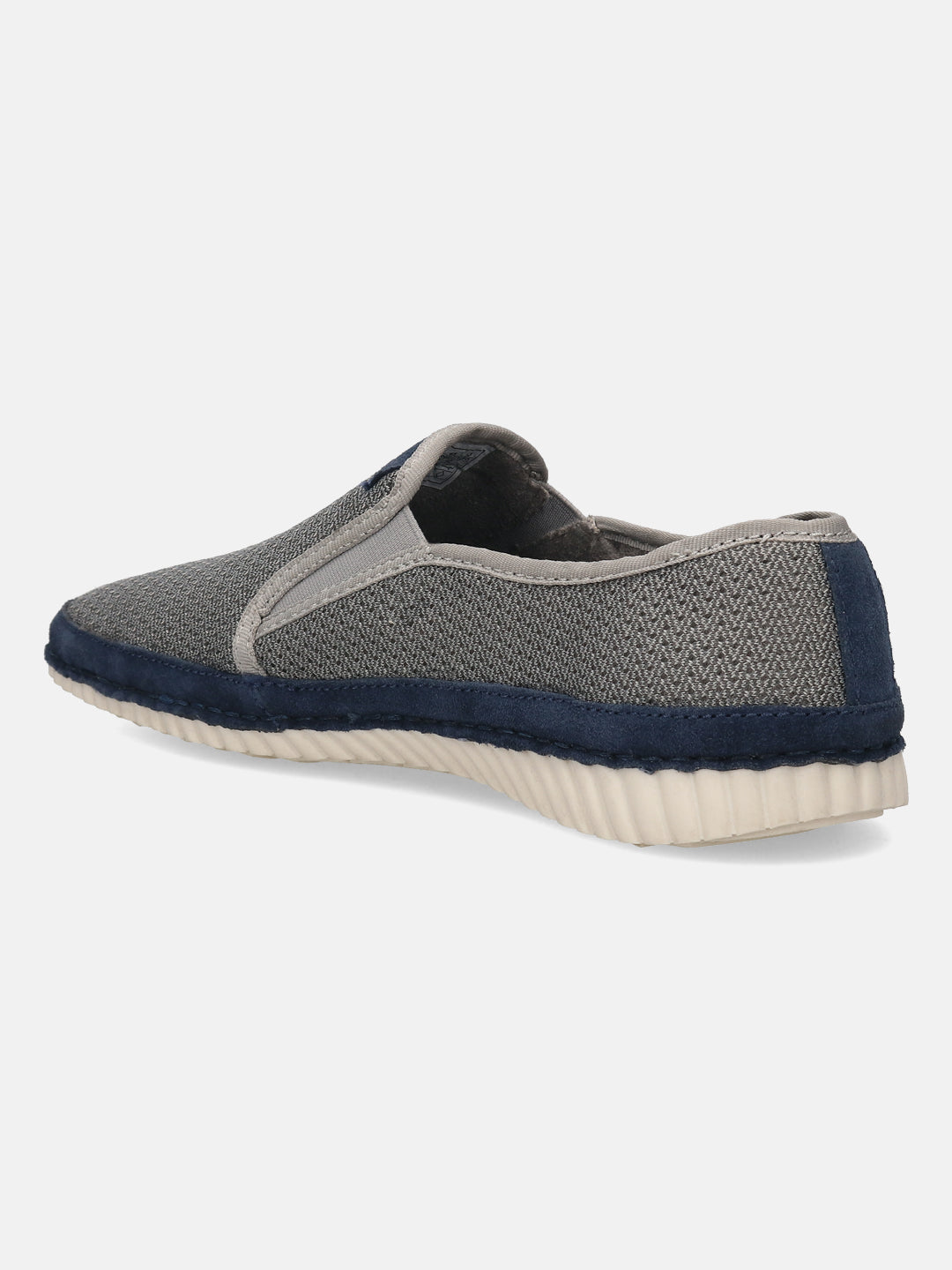 Gray casual slip-on shoes by bugatti, with a textured herringbone pattern and blue accents.