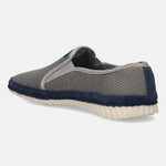 Gray casual slip-on shoes by bugatti, with a textured herringbone pattern and blue accents.