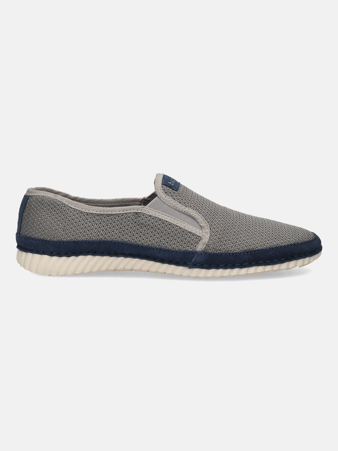 Grey slip-on shoe by bugatti, with navy trim at the sole and heel.