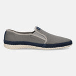 Grey slip-on shoe by bugatti, with navy trim at the sole and heel.