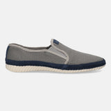 Grey slip-on shoe by bugatti, with navy trim at the sole and heel.