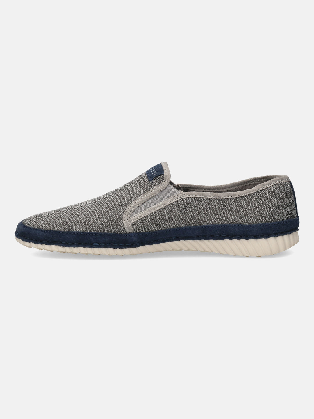 Light grey slip-on shoe by bugatti, featuring a navy blue accent stripe and textured outsole.
