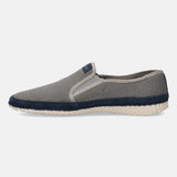 Light grey slip-on shoe by bugatti, featuring a navy blue accent stripe and textured outsole.