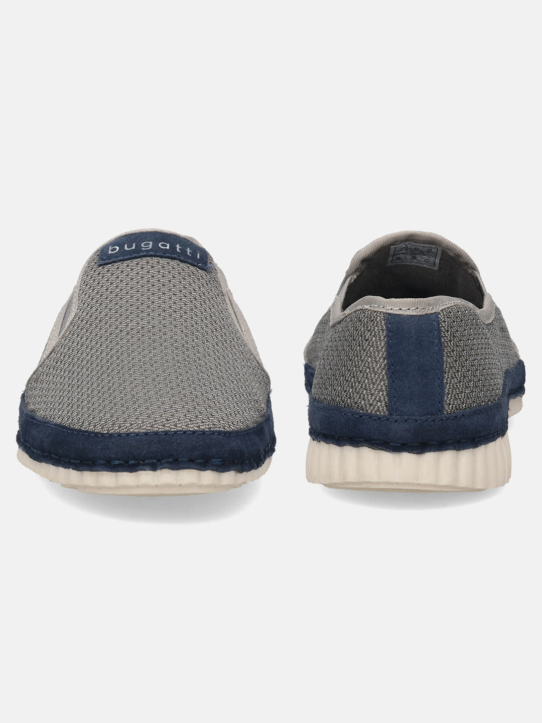 Gray slip-on shoes by bugatti with navy accent, textured knit, and a white sole, seen from the back.
