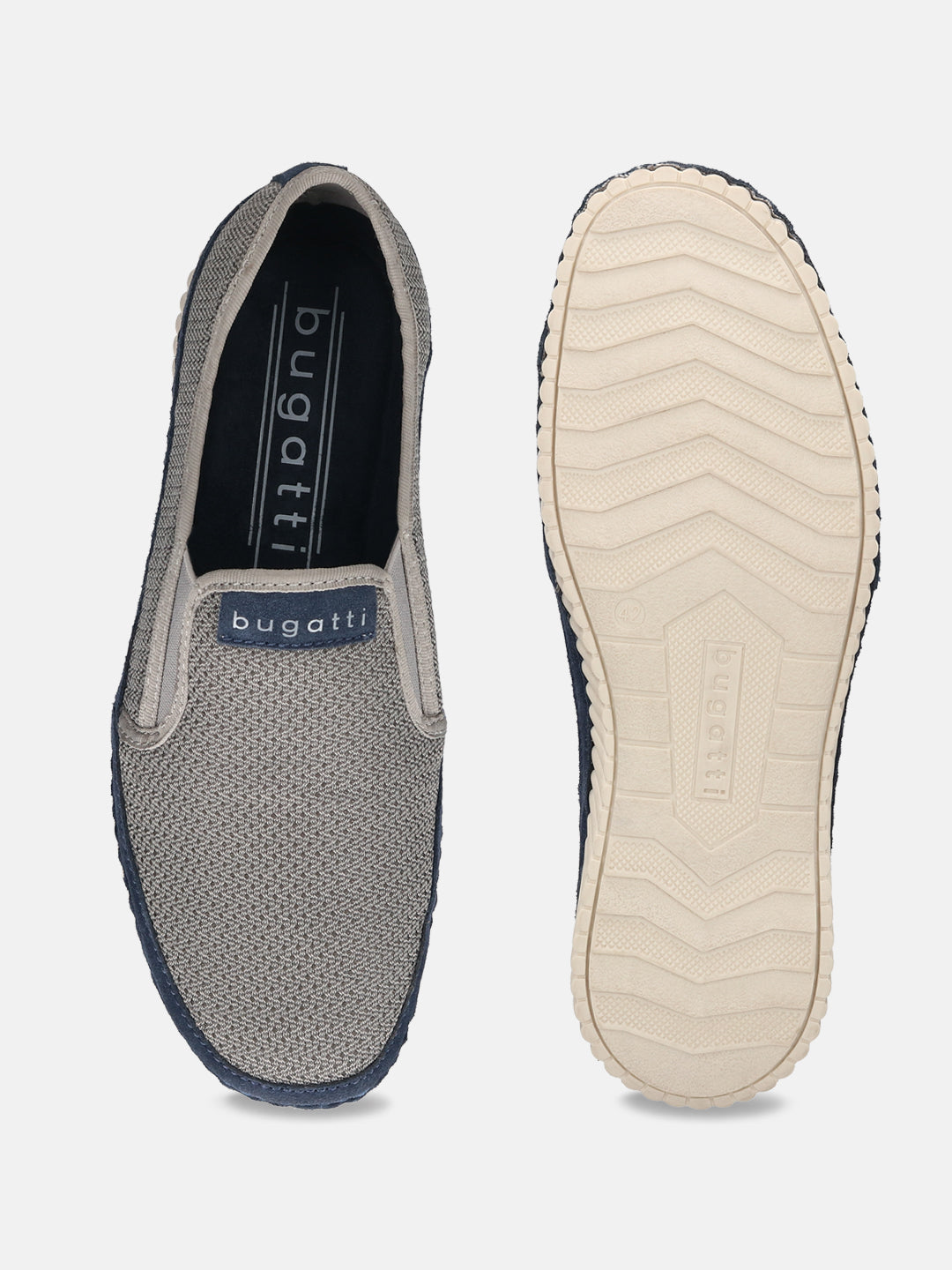 Gray slip-on shoes by bugatti, featuring a woven texture with a navy blue sole and brand detailing.