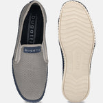 Gray slip-on shoes by bugatti, featuring a woven texture with a navy blue sole and brand detailing.