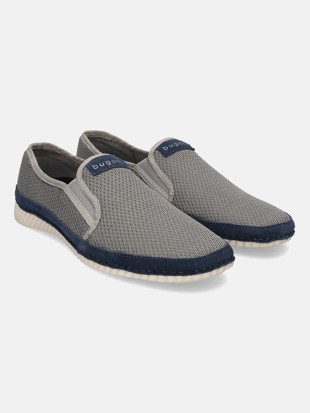 Light grey casual slip-ons by bugatti, featuring a woven texture and a navy blue accent trim.