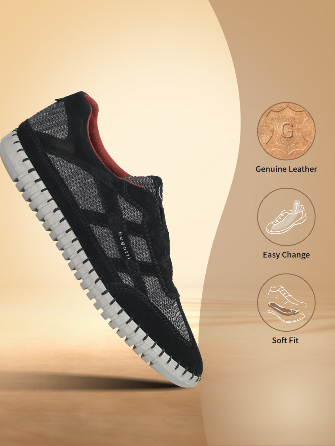 Side view of a black bugatti Baloo sneaker featuring a leather and mesh upper and a white ridged sole.
