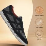 Side view of a black bugatti Baloo sneaker featuring a leather and mesh upper and a white ridged sole.
