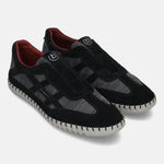 Men's Bugatti stitched black leather shoes with a round toe , a rubber outsole , and laces fastening.