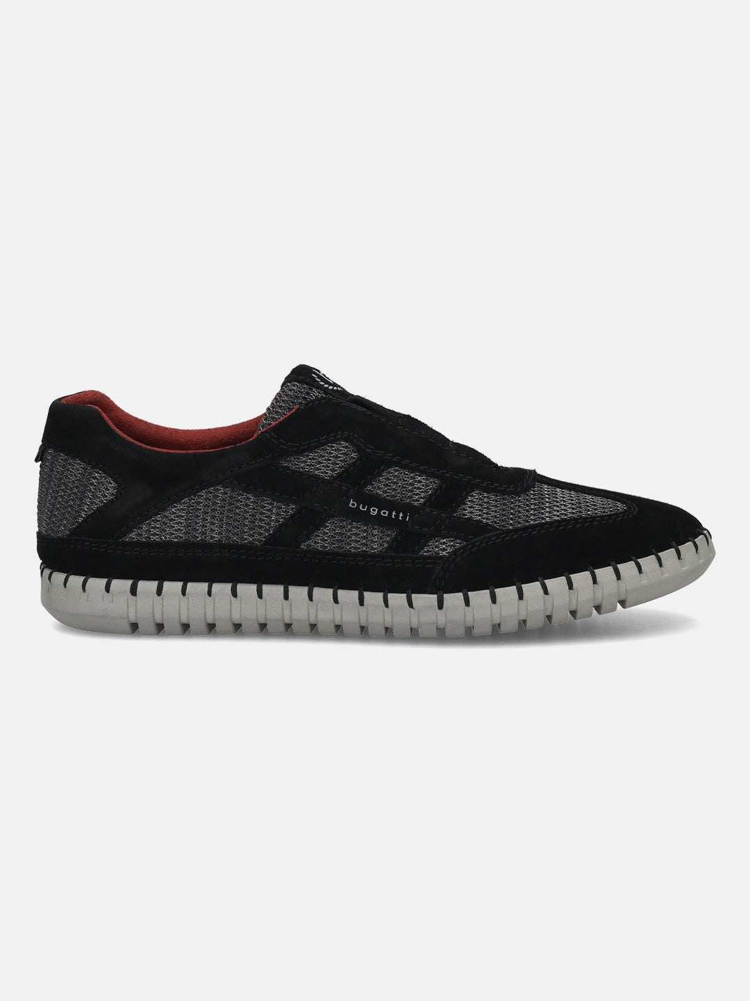 Men's Bugatti stitched black leather shoes with a round toe , a rubber outsole , and laces fastening.