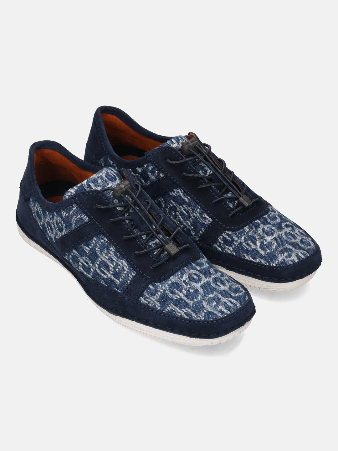 bugatti Bimini Comfort Sneakers in light blue patterned denim with navy suede accents and bungee laces.
