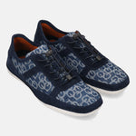 bugatti Bimini Comfort Sneakers in light blue patterned denim with navy suede accents and bungee laces.
