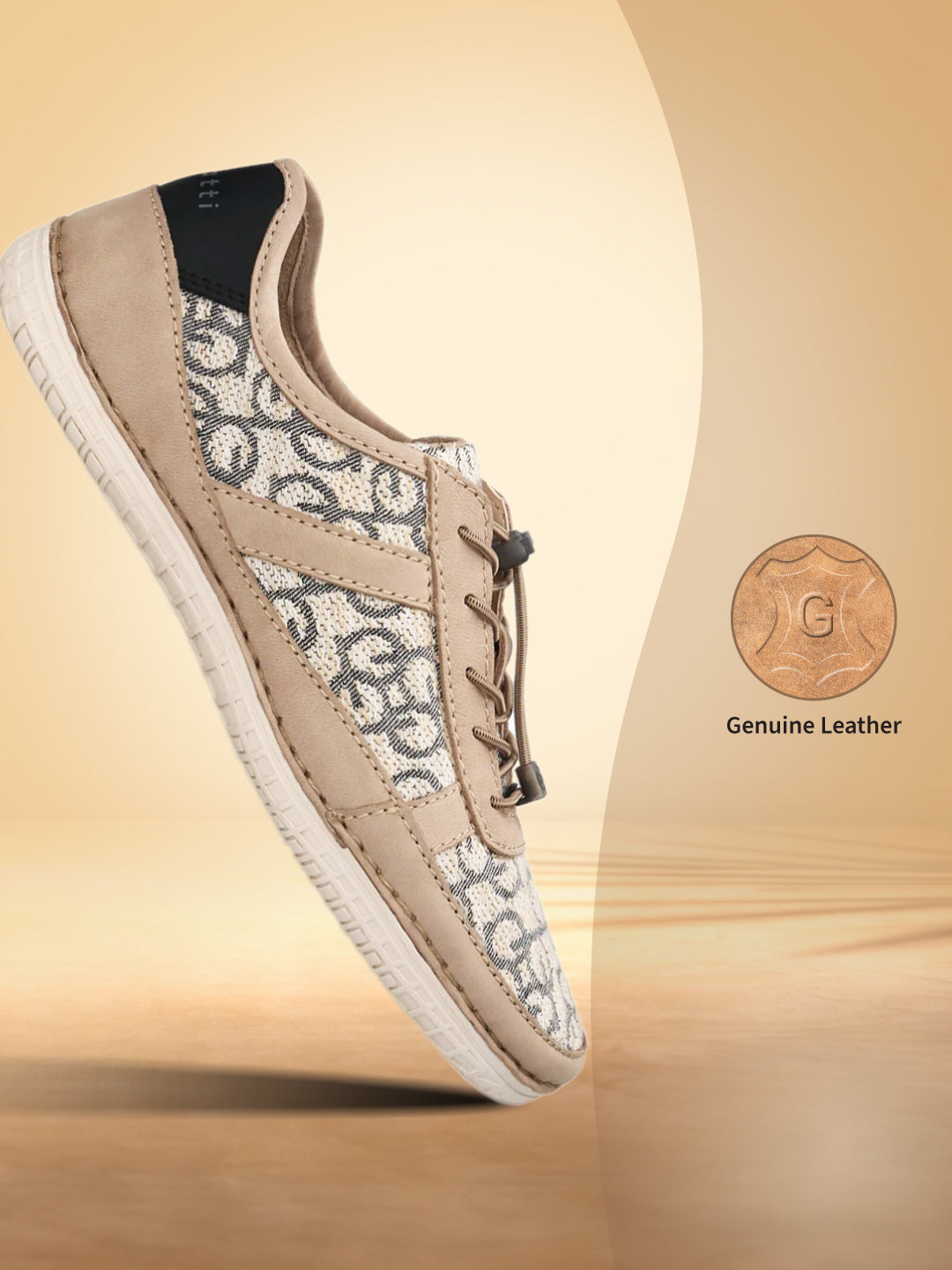 Side view of a bugatti Bimini beige sneaker, detailed with patterned textile inlays and no-tie laces.
