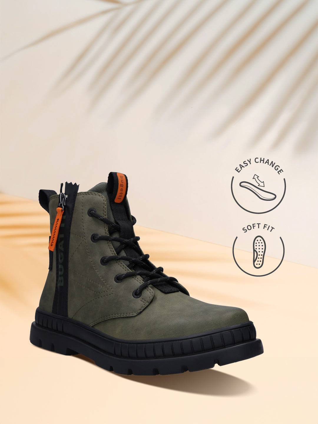 Bugatti Pallario comfort casual boots in dark green with black laces and sole, alongside "easy change" and "soft fit" icons.