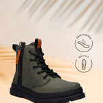 Bugatti Pallario comfort casual boots in dark green with black laces and sole, alongside "easy change" and "soft fit" icons.