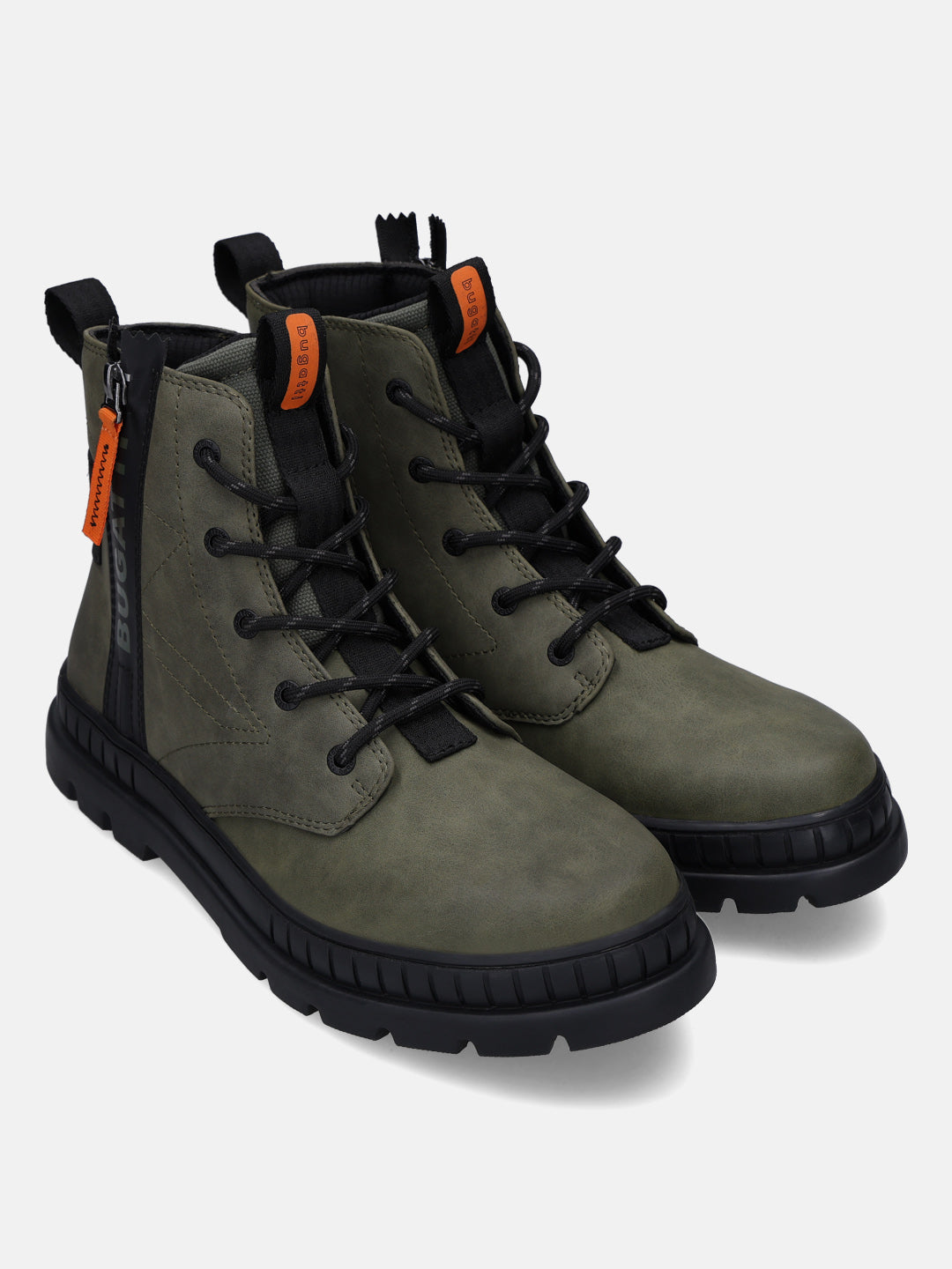 Pair of bugatti Pallario casual boots in dark green, with a lace-up closure and black lug soles.