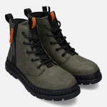 Pair of bugatti Pallario casual boots in dark green, with a lace-up closure and black lug soles.
