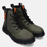 Pair of bugatti Pallario casual boots in dark green, with a lace-up closure and black lug soles.