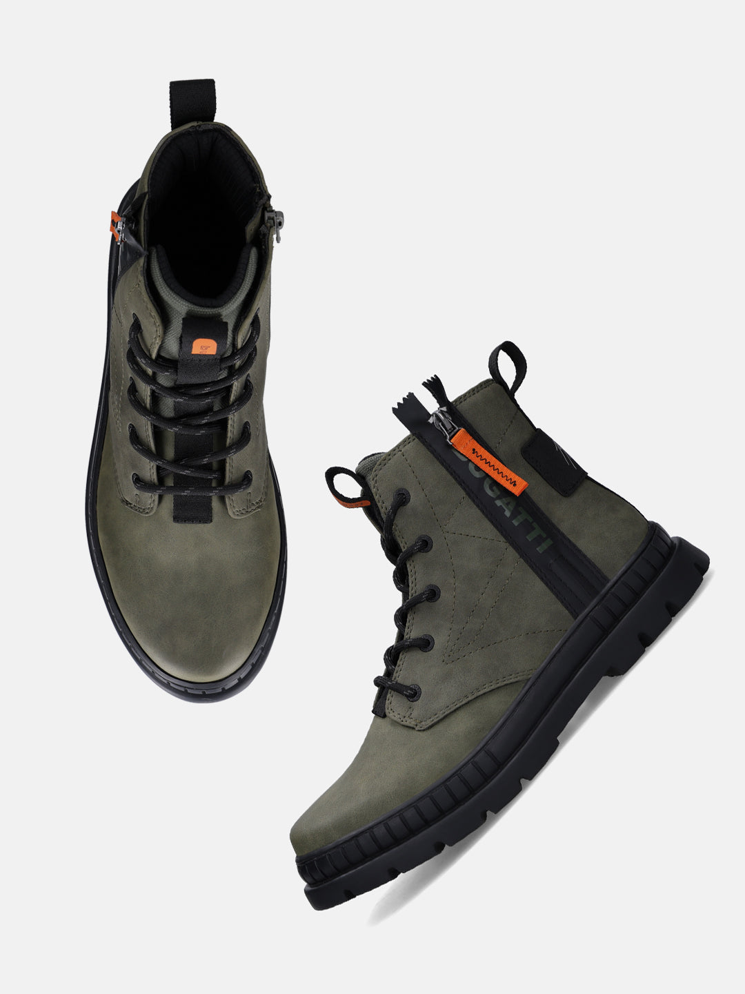 Dark green bugatti Pallario casual boots with black laces, zip detail, and lug soles.
