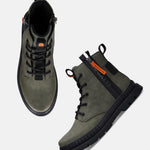 Dark green bugatti Pallario casual boots with black laces, zip detail, and lug soles.
