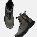 Dark green bugatti Pallario casual boots with black laces, zip detail, and lug soles.

