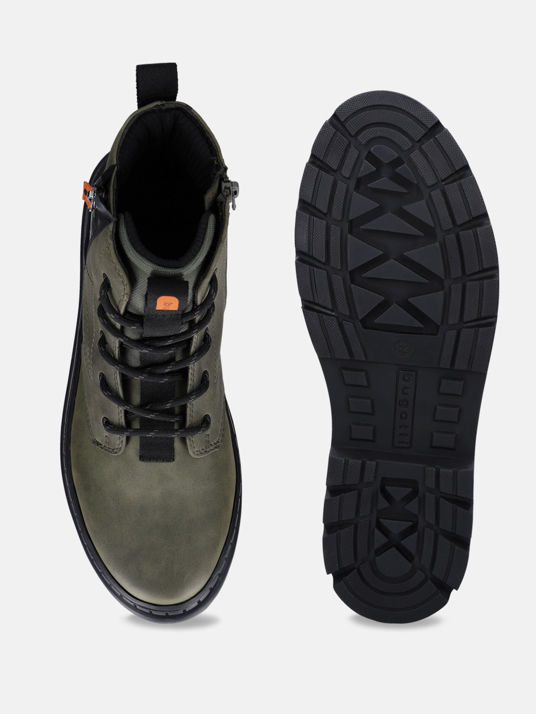 Bugatti Pallario comfort dark green casual boots, shown with black laces and a lug sole.
