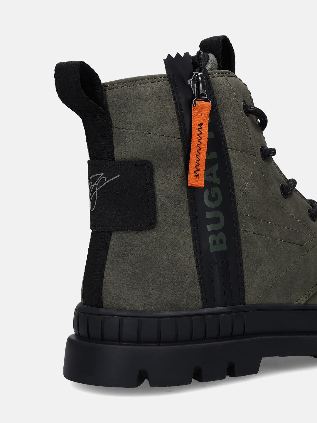 Cropped back view of a bugatti dark green casual boot featuring black accents and side zipper.
