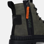 Cropped back view of a bugatti dark green casual boot featuring black accents and side zipper.
