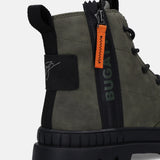 Cropped back view of a bugatti dark green casual boot featuring black accents and side zipper.
